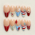Vintage Star Press On Nails, Patriotic French Tip, Retro Polka Dot Fake Nails
