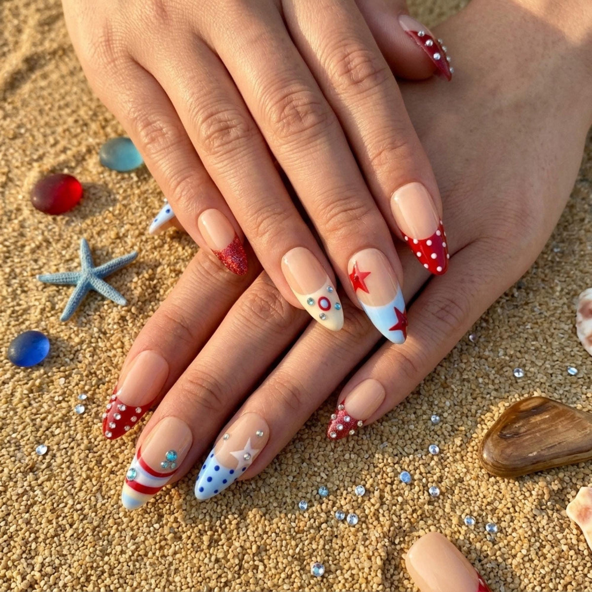 Vintage Star Press On Nails, Patriotic French Tip, Retro Polka Dot Fake Nails