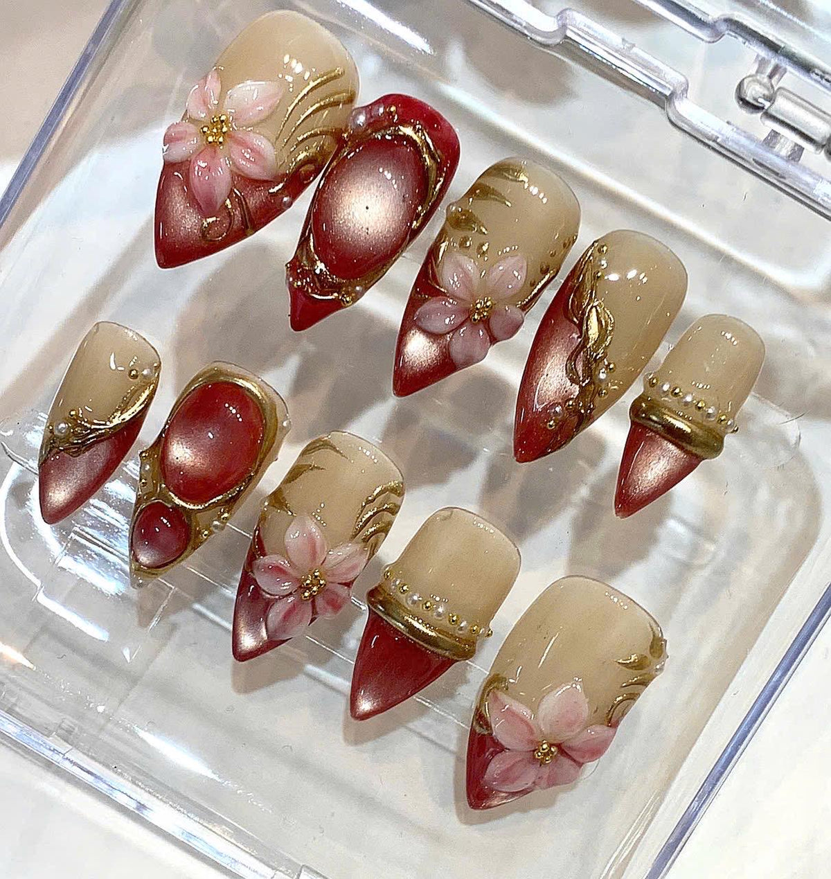 Cherry Blossom Stiletto Nails, Rose Gold Chrome 3D Sakura Floral Press On