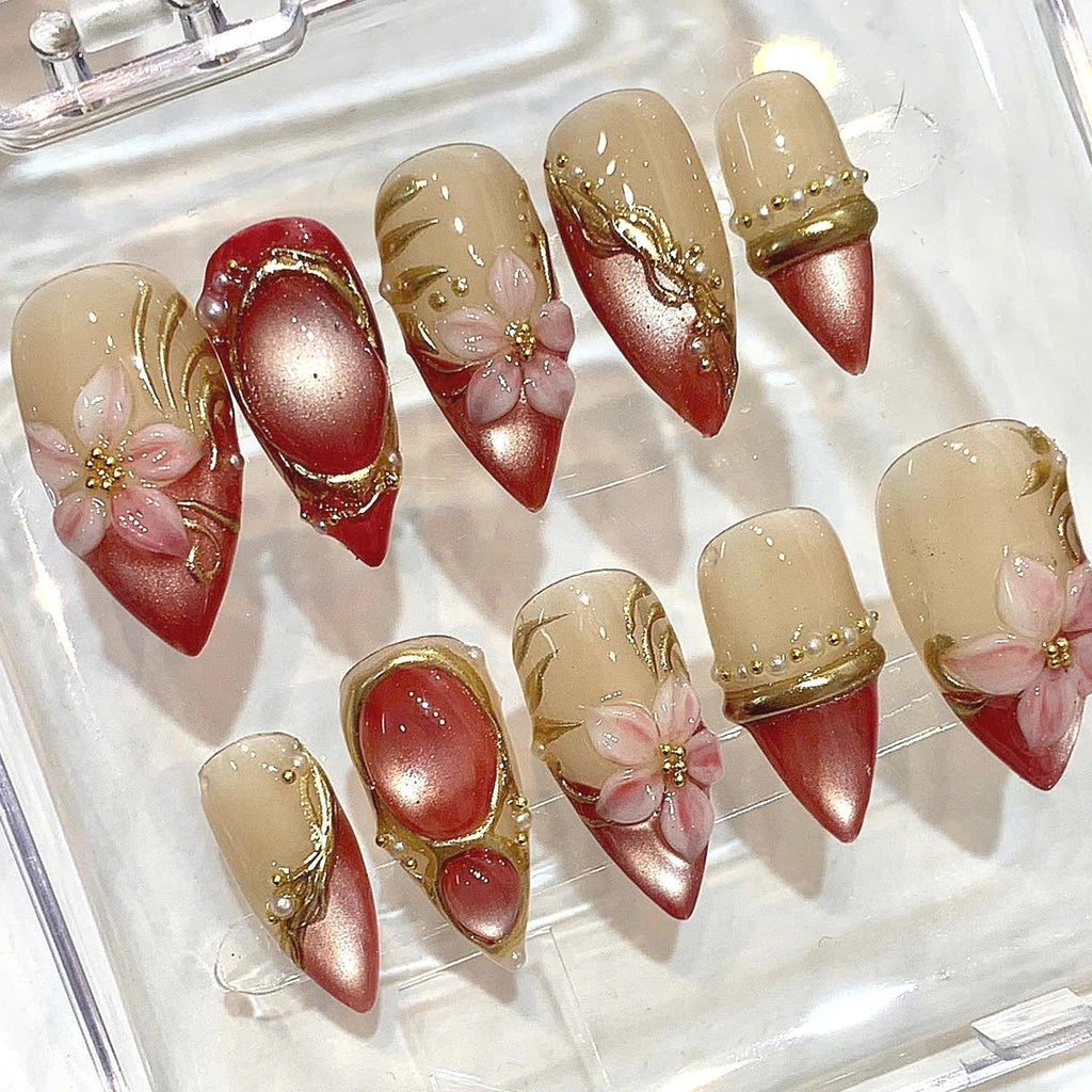 Cherry Blossom Stiletto Nails, Rose Gold Chrome 3D Sakura Floral Press On