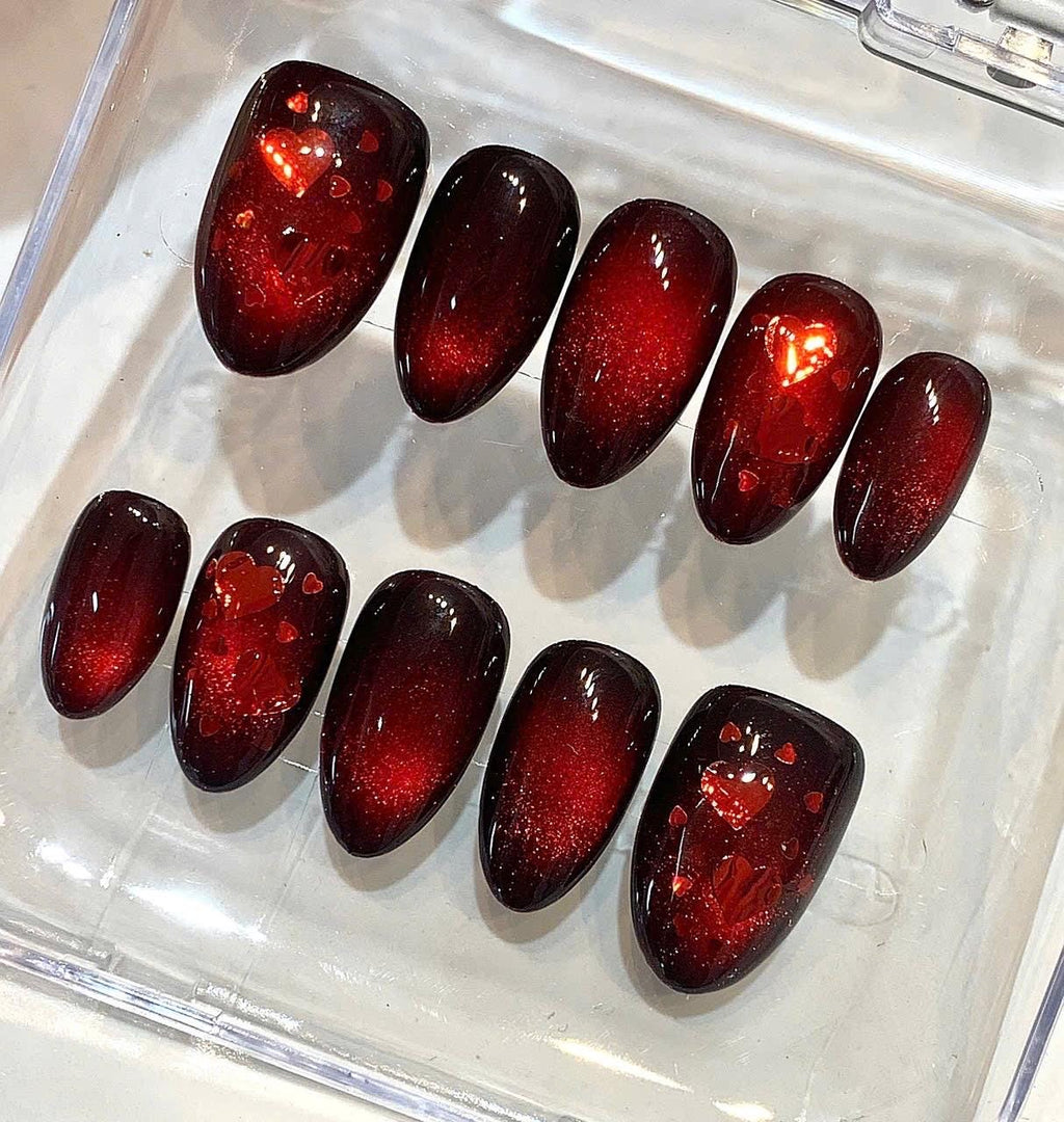 Red Heart Cat Eye Press On Nails, Burgundy Chrome Magnetic Set