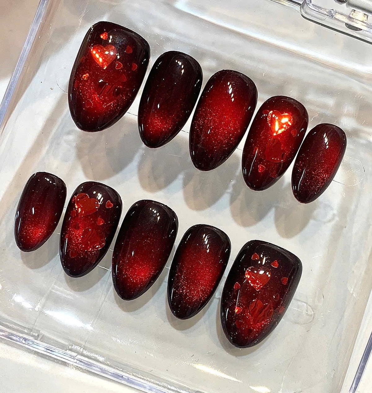 Red Heart Cat Eye Press On Nails, Burgundy Chrome Magnetic Set