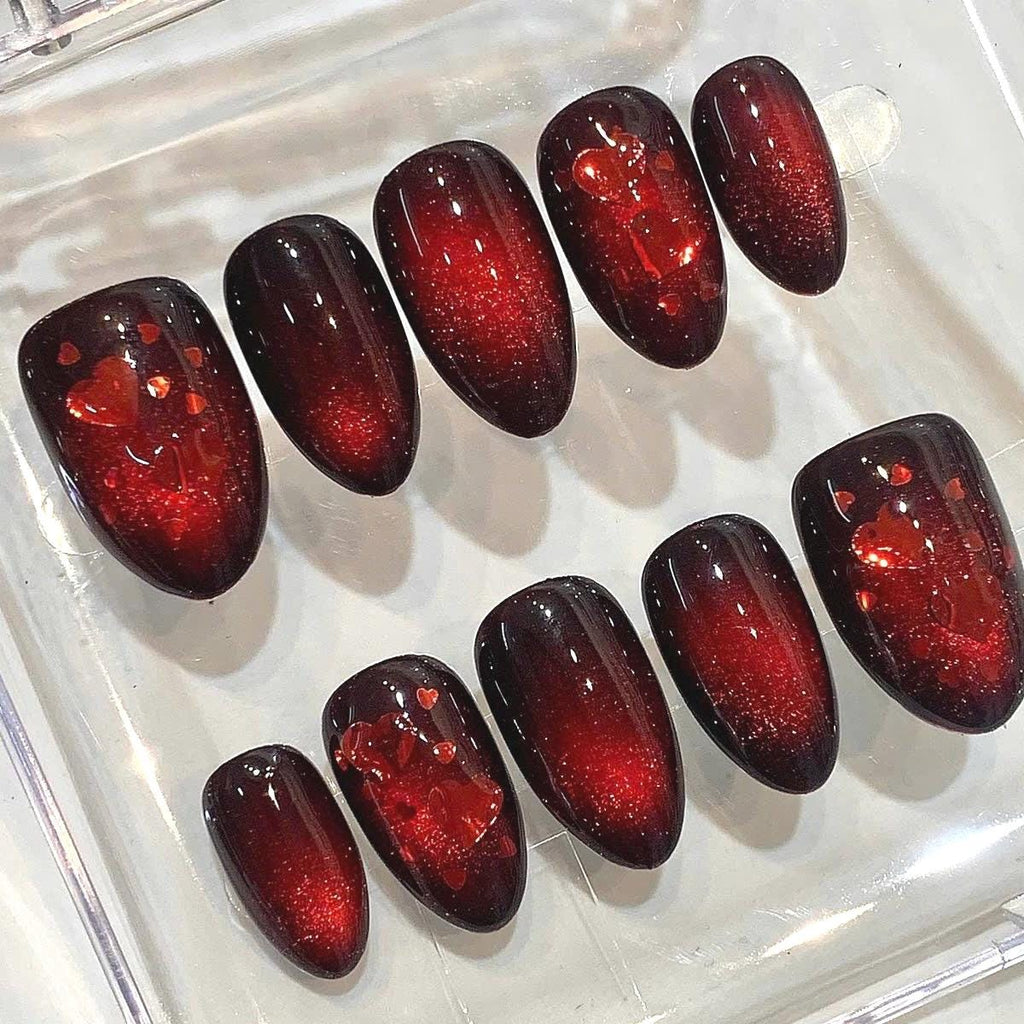 Red Heart Cat Eye Press On Nails, Burgundy Chrome Magnetic Set
