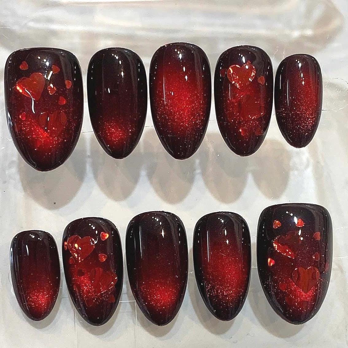 Red Heart Cat Eye Press On Nails, Burgundy Chrome Magnetic Set