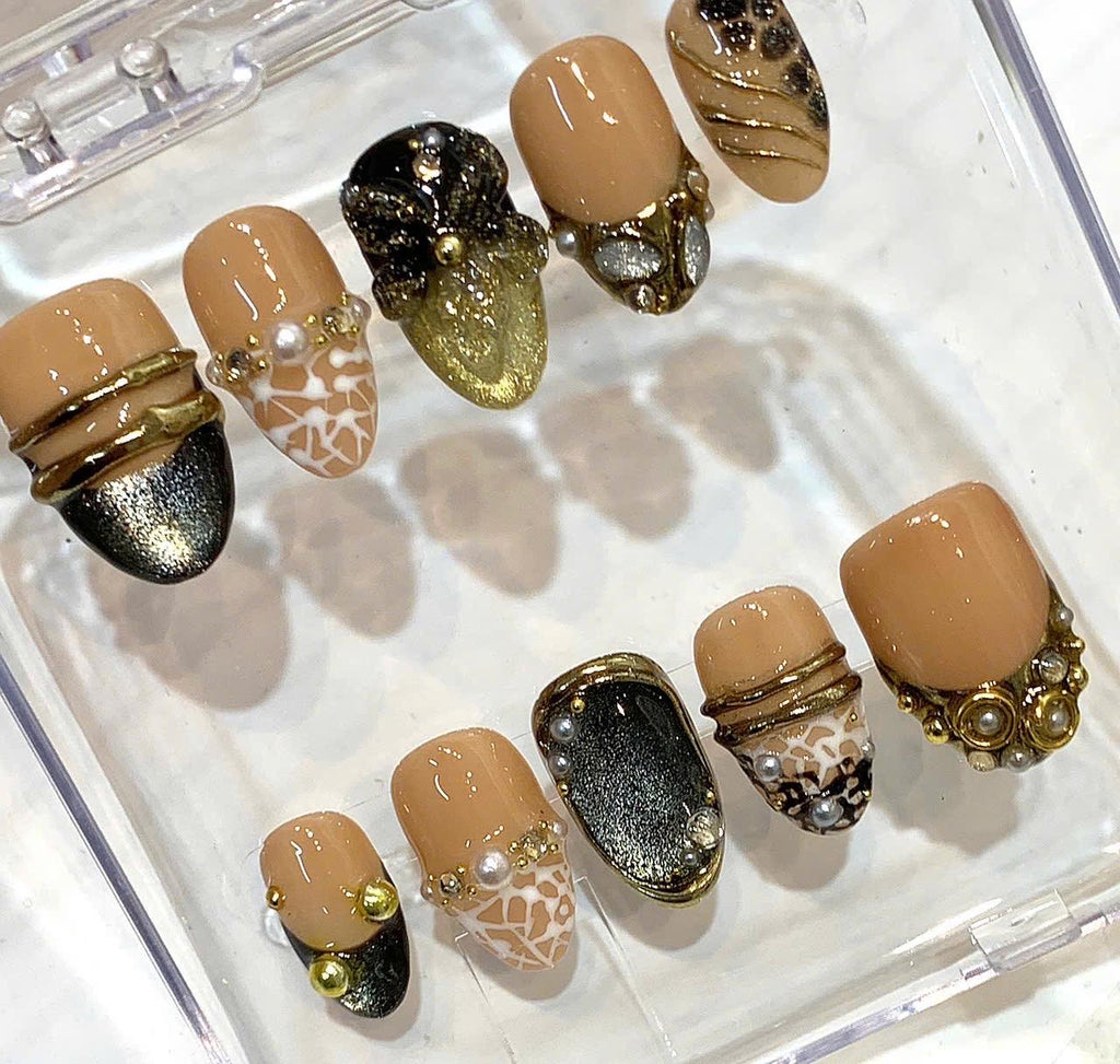 Luxury Nude Gold Press On Nails, 3D Flower Nails, Black Chrome French Tips, Pearl Accent Nails, Handmade Reusable Nail Set
