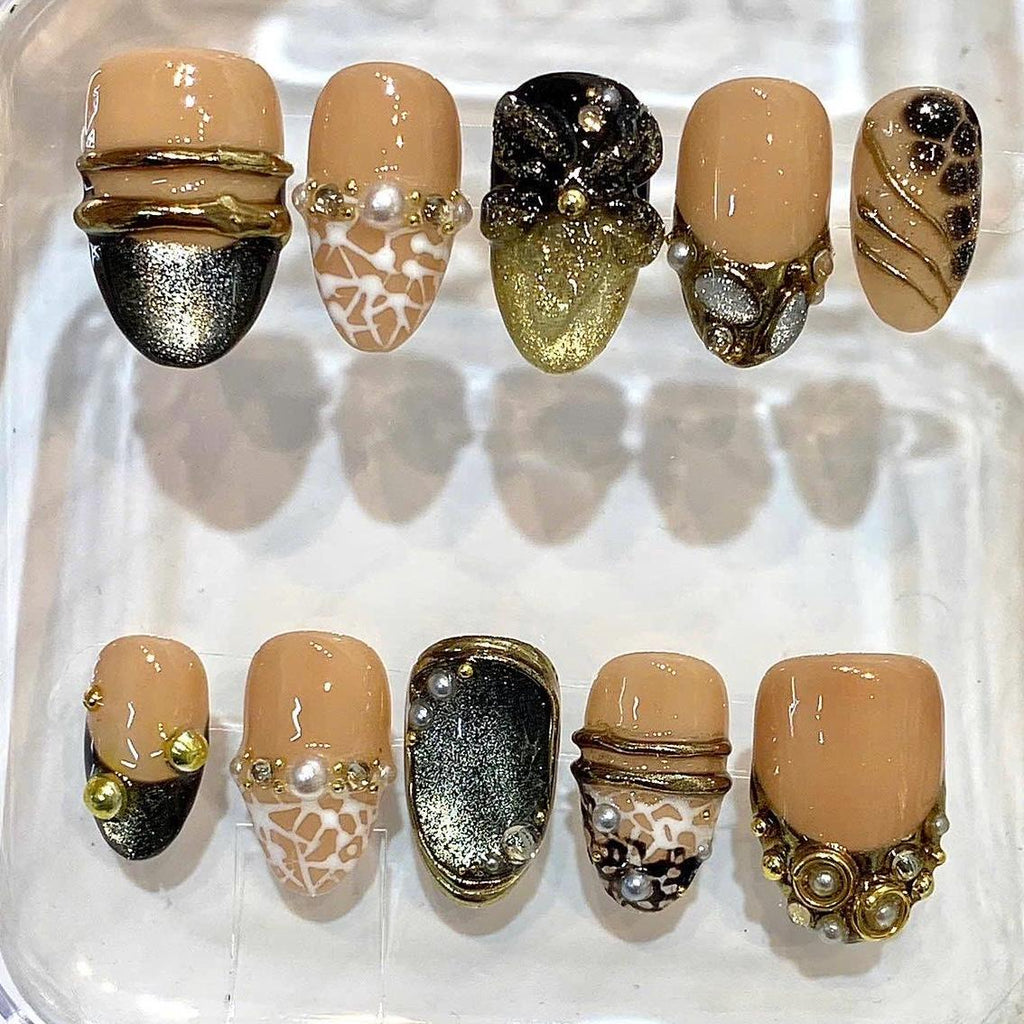 Luxury Nude Gold Press On Nails, 3D Flower Nails, Black Chrome French Tips, Pearl Accent Nails, Handmade Reusable Nail Set