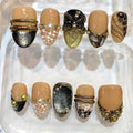 Luxury Nude Gold Press On Nails, 3D Flower Nails, Black Chrome French Tips, Pearl Accent Nails, Handmade Reusable Nail Set