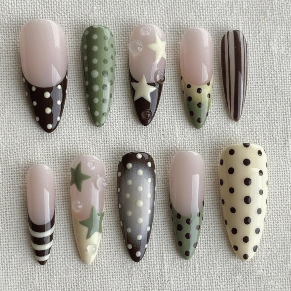 Sage Green Press On Nails, Polka Dot French Tip Nails, Handmade Star Nail Set, Retro 2000s Fake Nails, Cute Indie Nails
