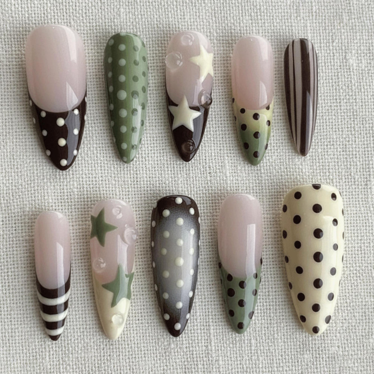 Sage Green Press On Nails, Polka Dot French Tip Nails, Handmade Star Nail Set, Retro 2000s Fake Nails, Cute Indie Nails