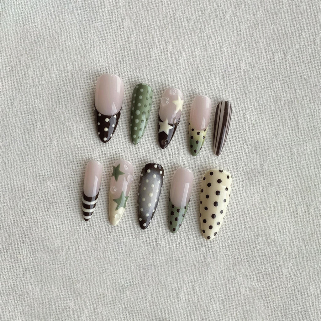 Sage Green Press On Nails, Polka Dot French Tip Nails, Handmade Star Nail Set, Retro 2000s Fake Nails, Cute Indie Nails