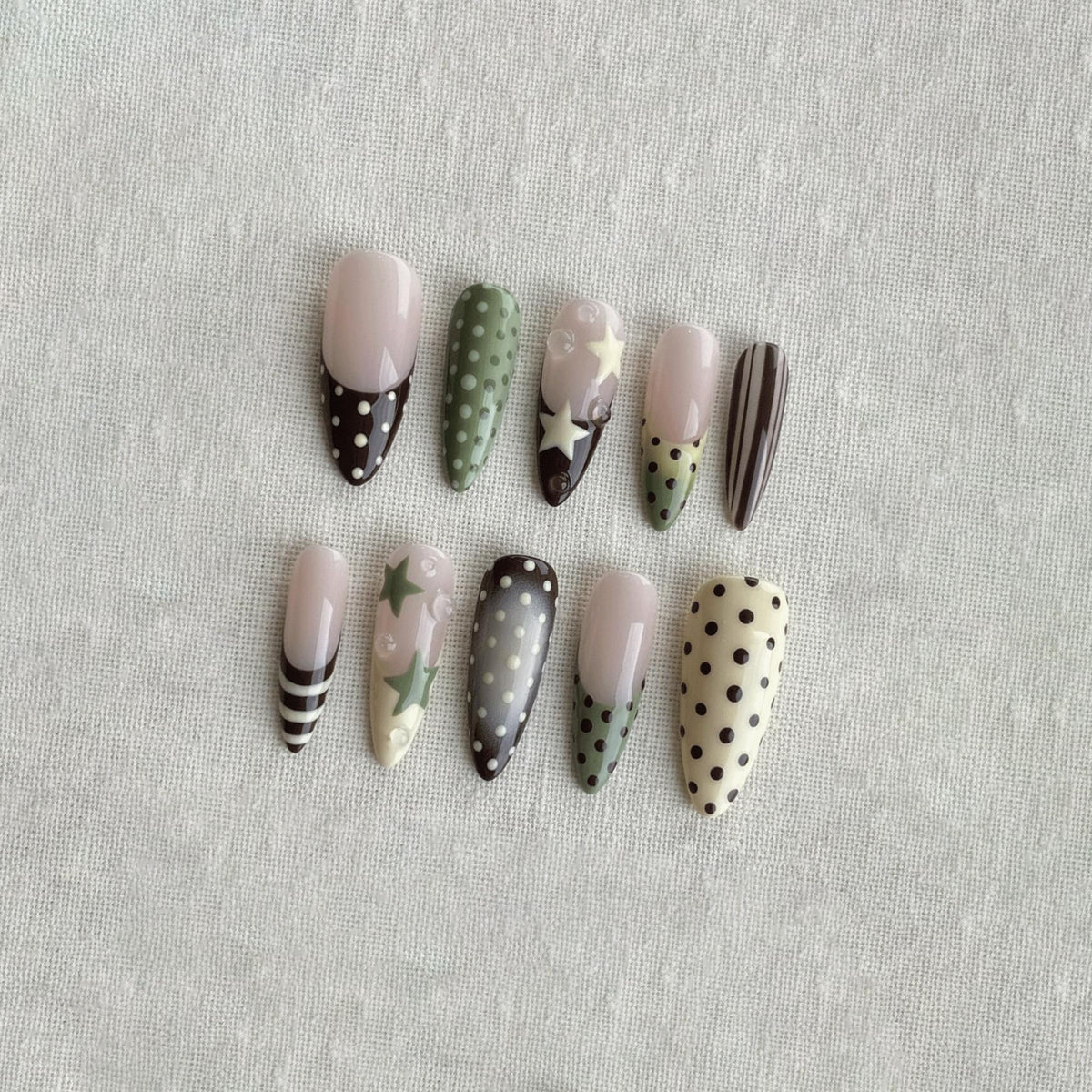 Sage Green Press On Nails, Polka Dot French Tip Nails, Handmade Star Nail Set, Retro 2000s Fake Nails, Cute Indie Nails