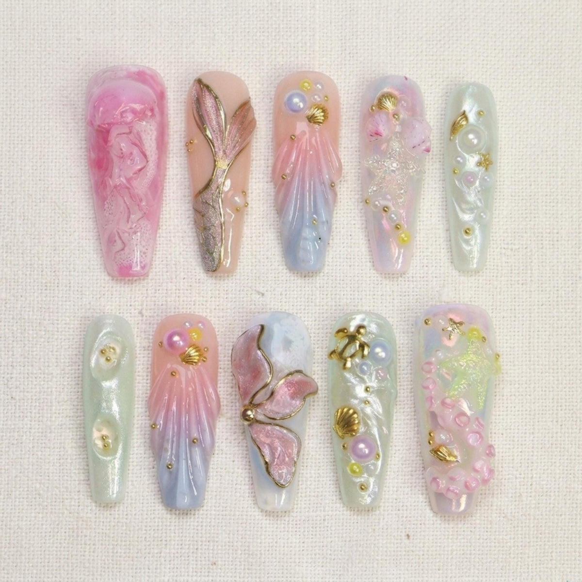 Fairycore Mermaid Press on Nails, 3D Seashell Pearl Ocean Art