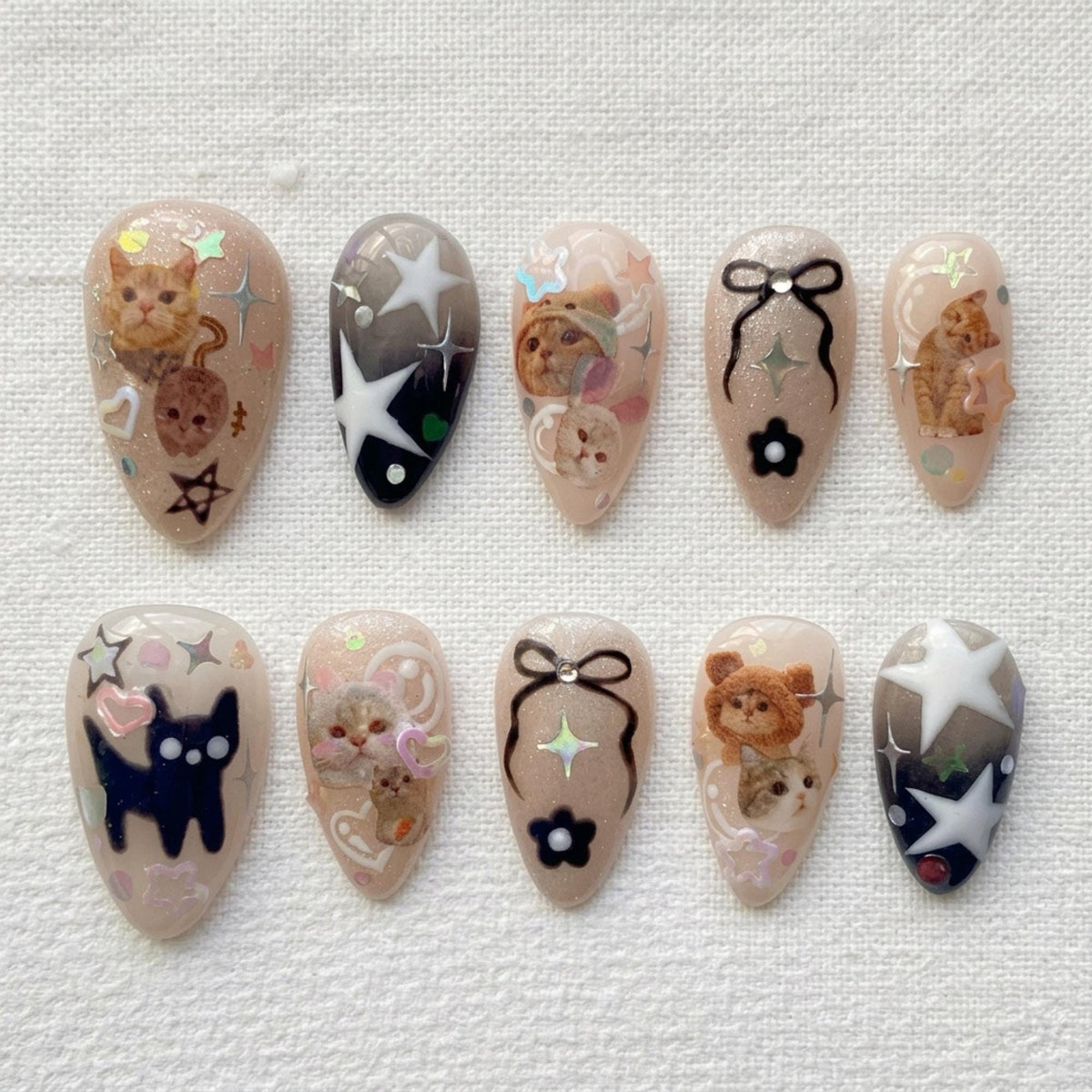 Kawaii Cat Press On Nails, 3D Coquette Kitten False Nails, Stars Bows (Handmade)