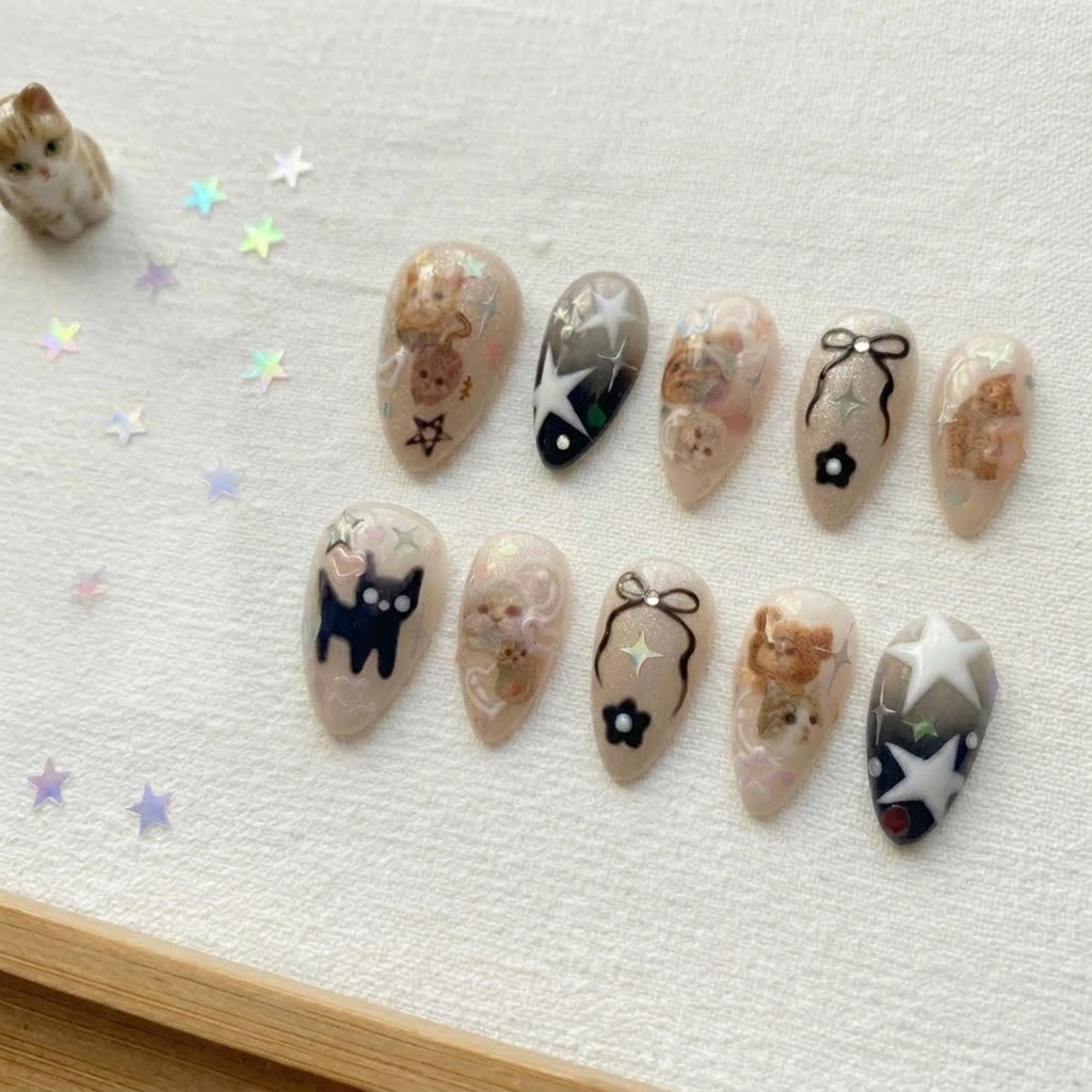 Kawaii Cat Press On Nails, 3D Coquette Kitten False Nails, Stars Bows (Handmade)