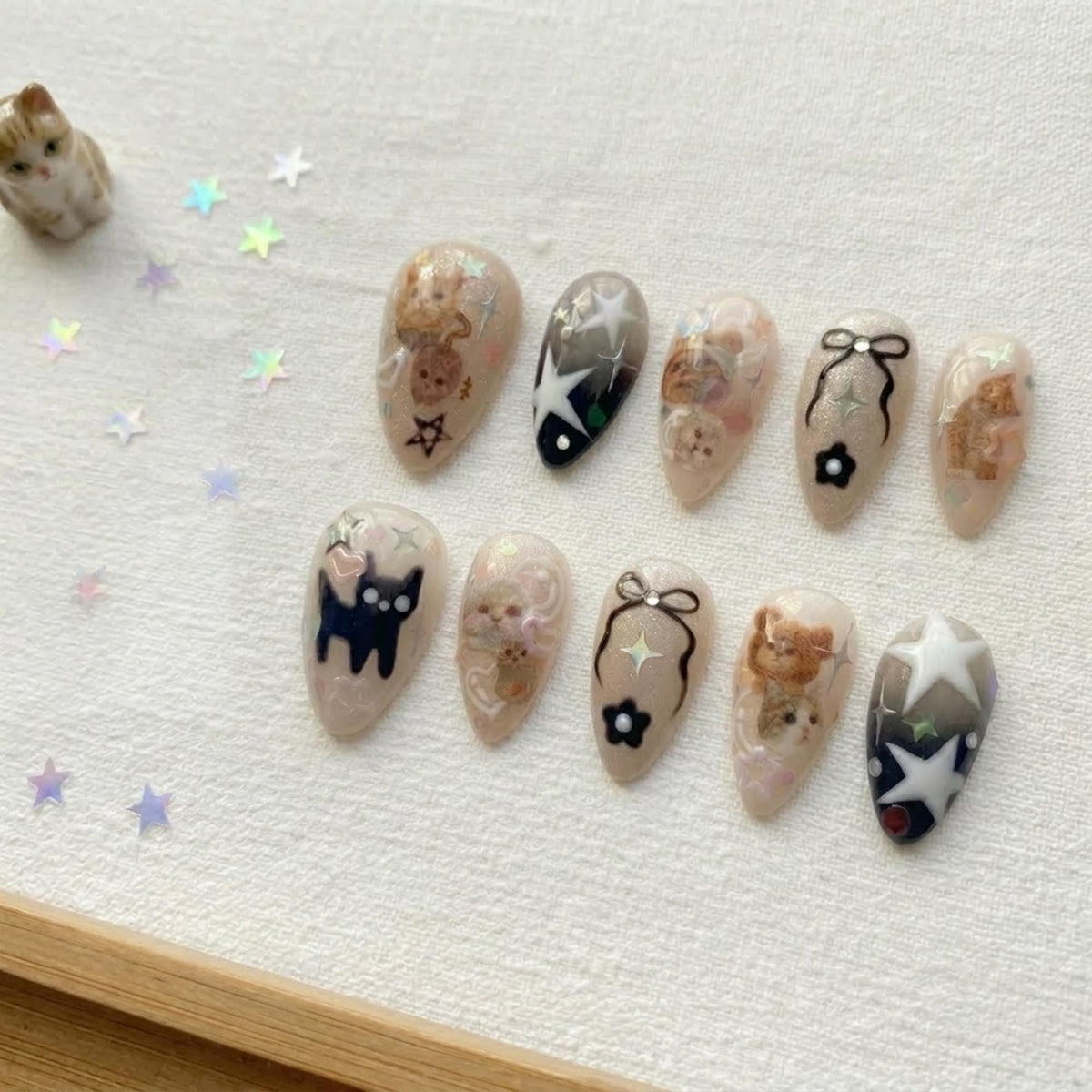 Kawaii Cat Press On Nails, 3D Coquette Kitten False Nails, Stars Bows (Handmade)