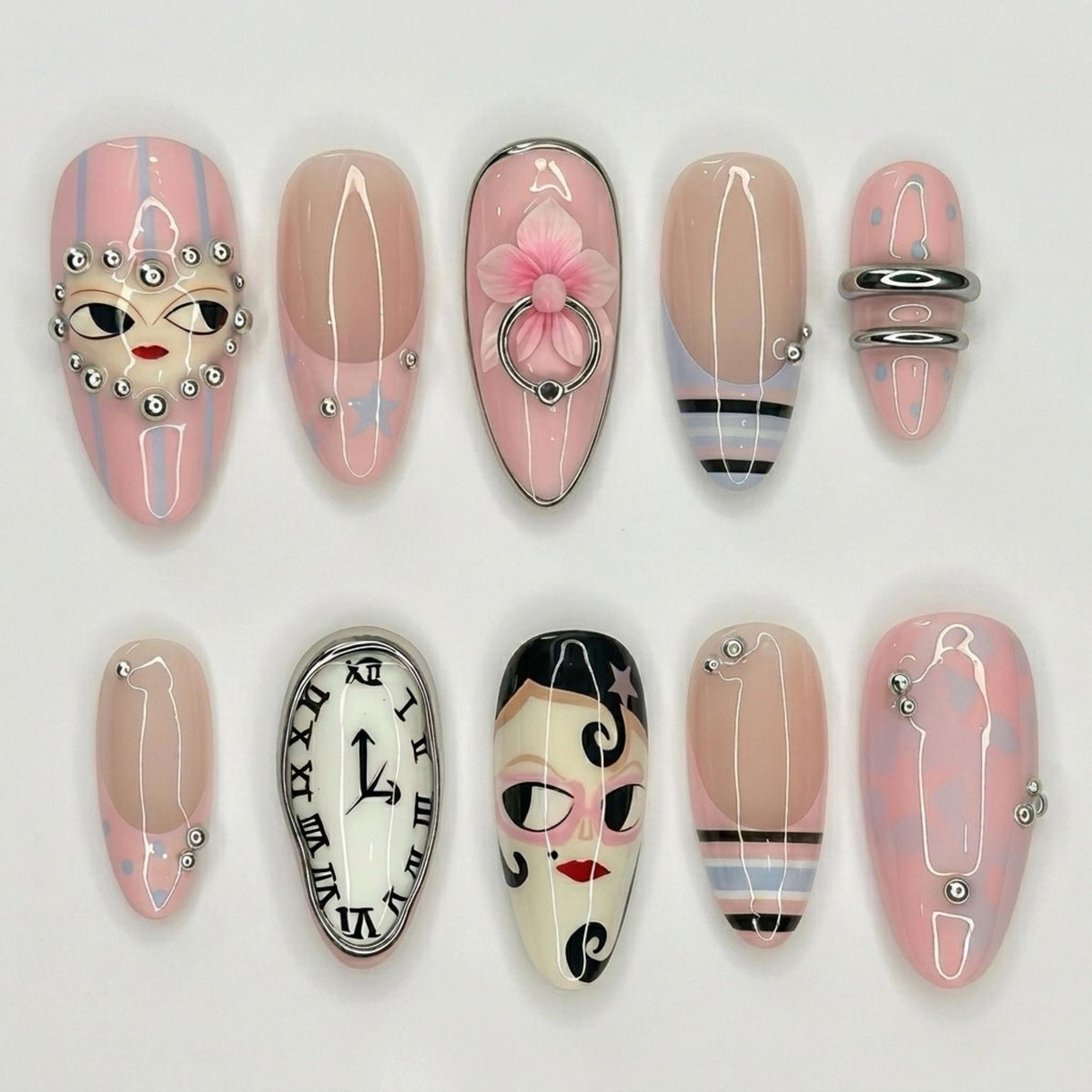 Surrealist Melting Clock Press On Nails, Cyber Pink Punk 3D Nail Art