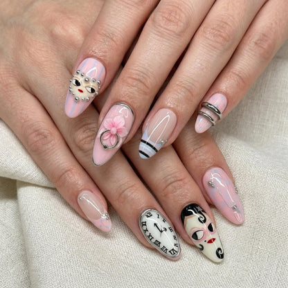 Surrealist Melting Clock Press On Nails, Cyber Pink Punk 3D Nail Art