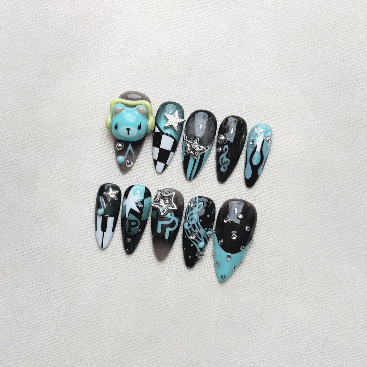 Kawaii Kpop Press On Nails, Cute Bear Music Note Nails, Trendy Korean Nail Art, Handmade Alt Nails
