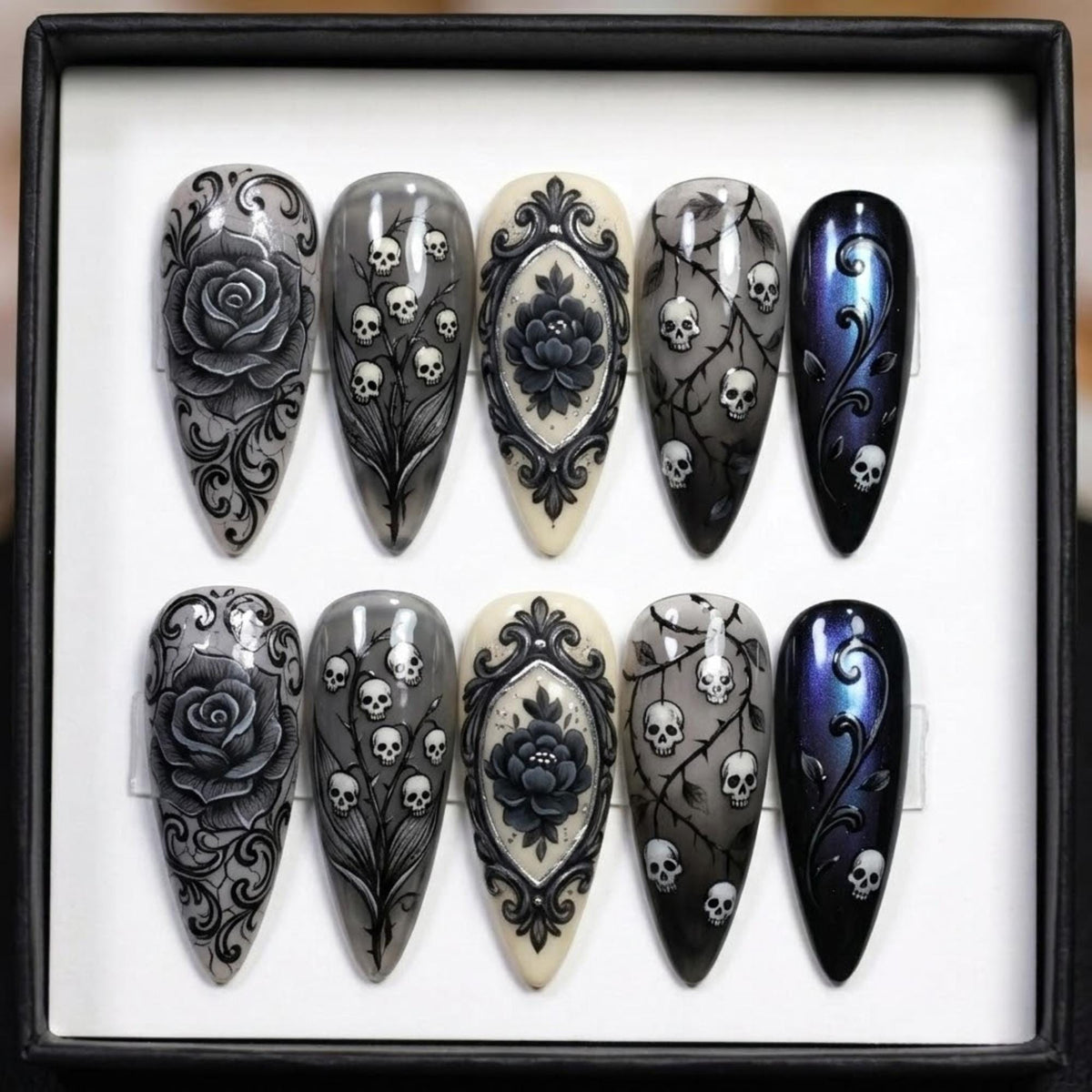 Gothic Skull Rose Press On Nails | Dark Academia Stiletto Nails | Victorian Floral Skull Nail Art | Black Cat Eye Goth Nails