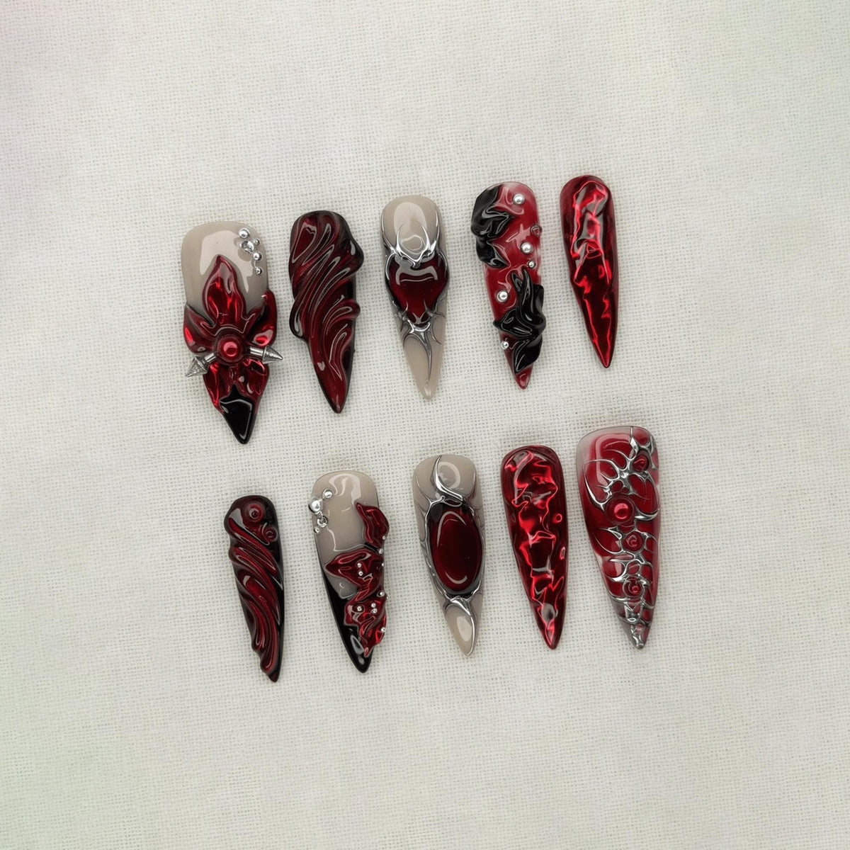 Red Black Gothic Press On Nails, Cyber Vampire Nail Designs, Dark Alternative Fashion Nails, Goth Nail Set