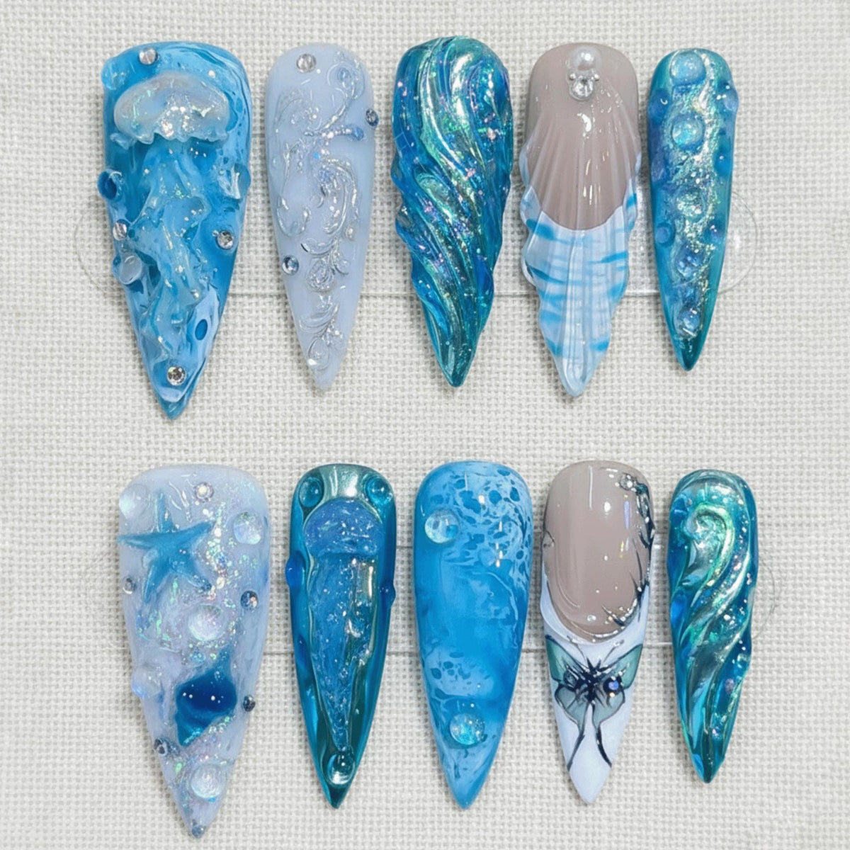 Ocean Summer Press On Nails, Handmade Mermaid Nails, 3D Sea Creature Nails, Blue Jellyfish Nails, Fantasy Beach Nail Set