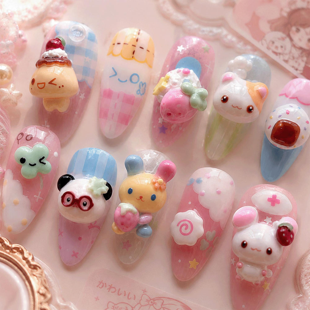 Cute Kawaii Press On Nails, 3D Dessert Nails, Pastel Bunny Character Nails, Japanese Nail Art, Handmade Gel Nails