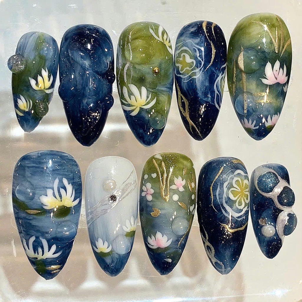 Water Lily Press On Nails | Navy Green Floral Nail Set | Hand Painted Art Nails