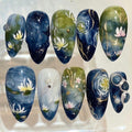 Water Lily Press On Nails | Navy Green Floral Nail Set | Hand Painted Art Nails