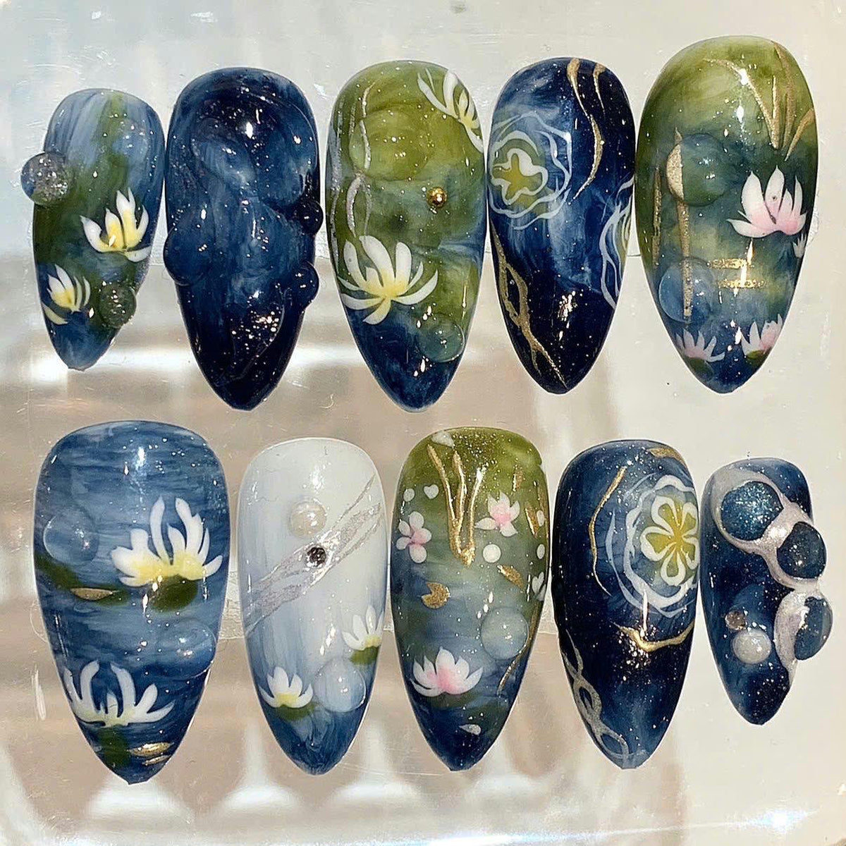 Water Lily Press On Nails | Navy Green Floral Nail Set | Hand Painted Art Nails
