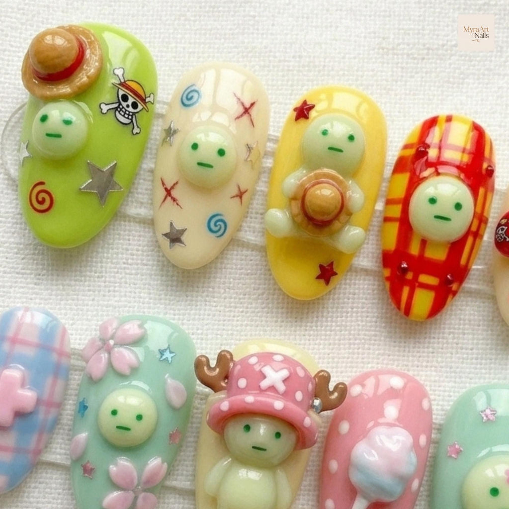 Straw Hat Pirate Inspired Press On Nails: 3D Anime Gel Fake Nails