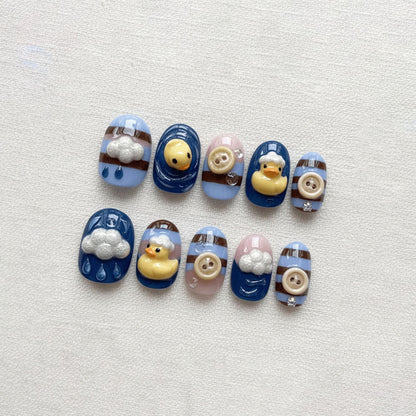 3D Kawaii Duck Press On Nails, Cute Whimsical Nail Art, Handmade Button Nails