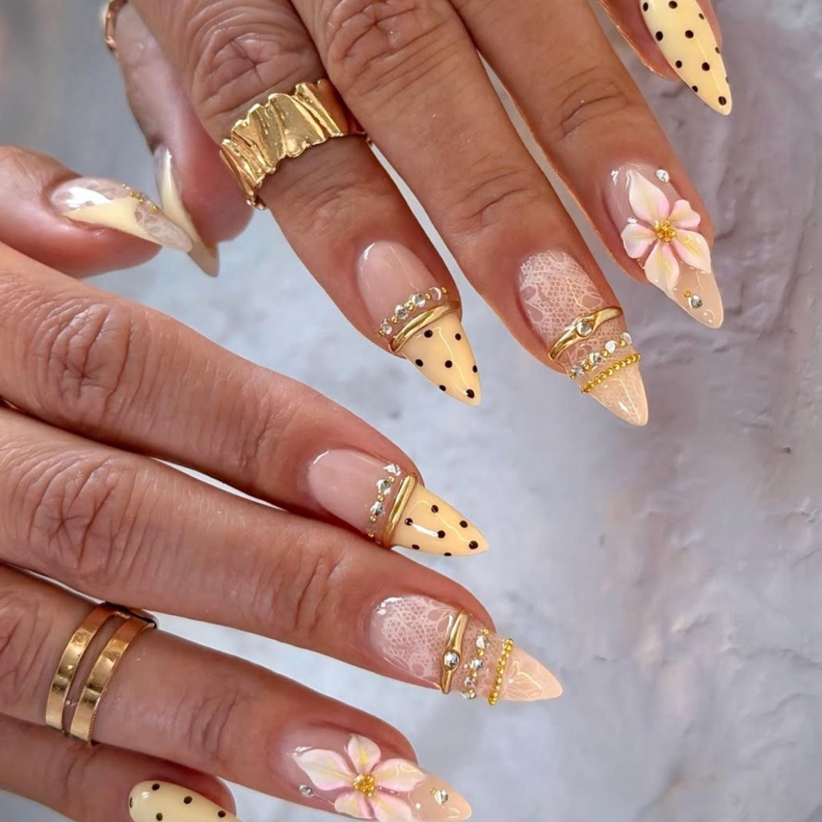 Soft Yellow Summer Press On Nails, Luxury Polka Dot and Lace Designs