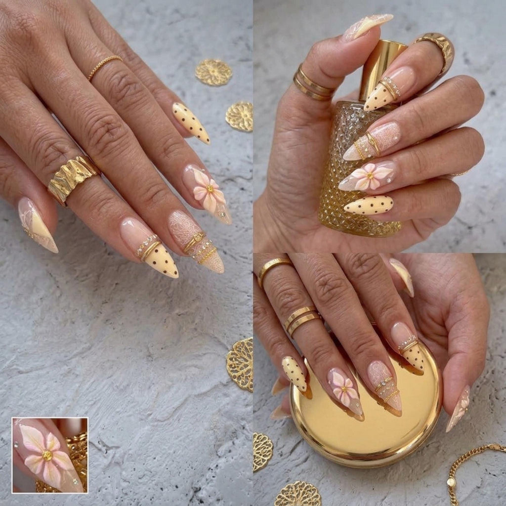 Soft Yellow Summer Press On Nails, Luxury Polka Dot and Lace Designs