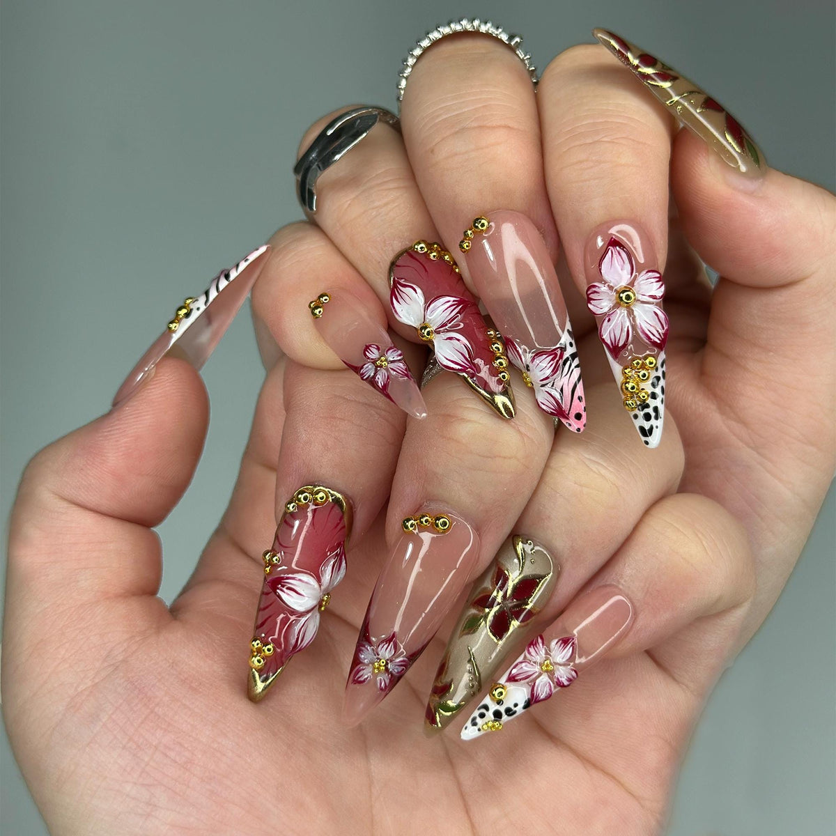 Burgundy Press On Nails Summer | Luxury Gyaru Stiletto Nails | 3D Flower Leopard Print Fake Nails | Dark Coquette Autumn Gift| JB409LK