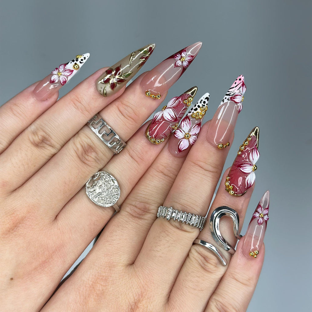 Burgundy Press On Nails Summer | Luxury Gyaru Stiletto Nails | 3D Flower Leopard Print Fake Nails | Dark Coquette Autumn Gift| JB409LK