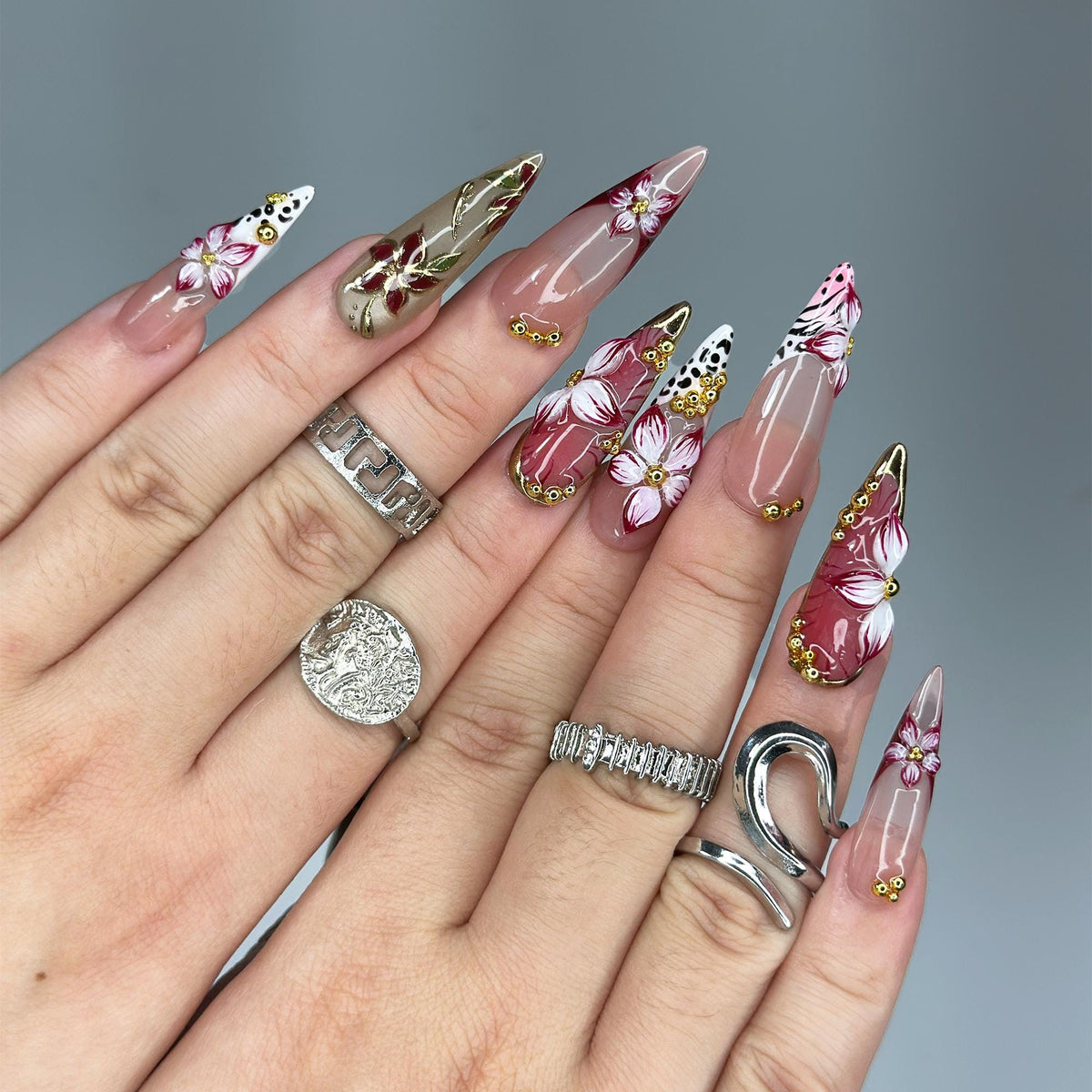 Burgundy Press On Nails Summer | Luxury Gyaru Stiletto Nails | 3D Flower Leopard Print Fake Nails | Dark Coquette Autumn Gift| JB409LK
