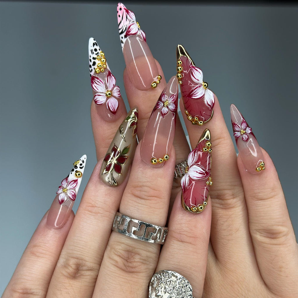 Burgundy Press On Nails Summer | Luxury Gyaru Stiletto Nails | 3D Flower Leopard Print Fake Nails | Dark Coquette Autumn Gift| JB409LK