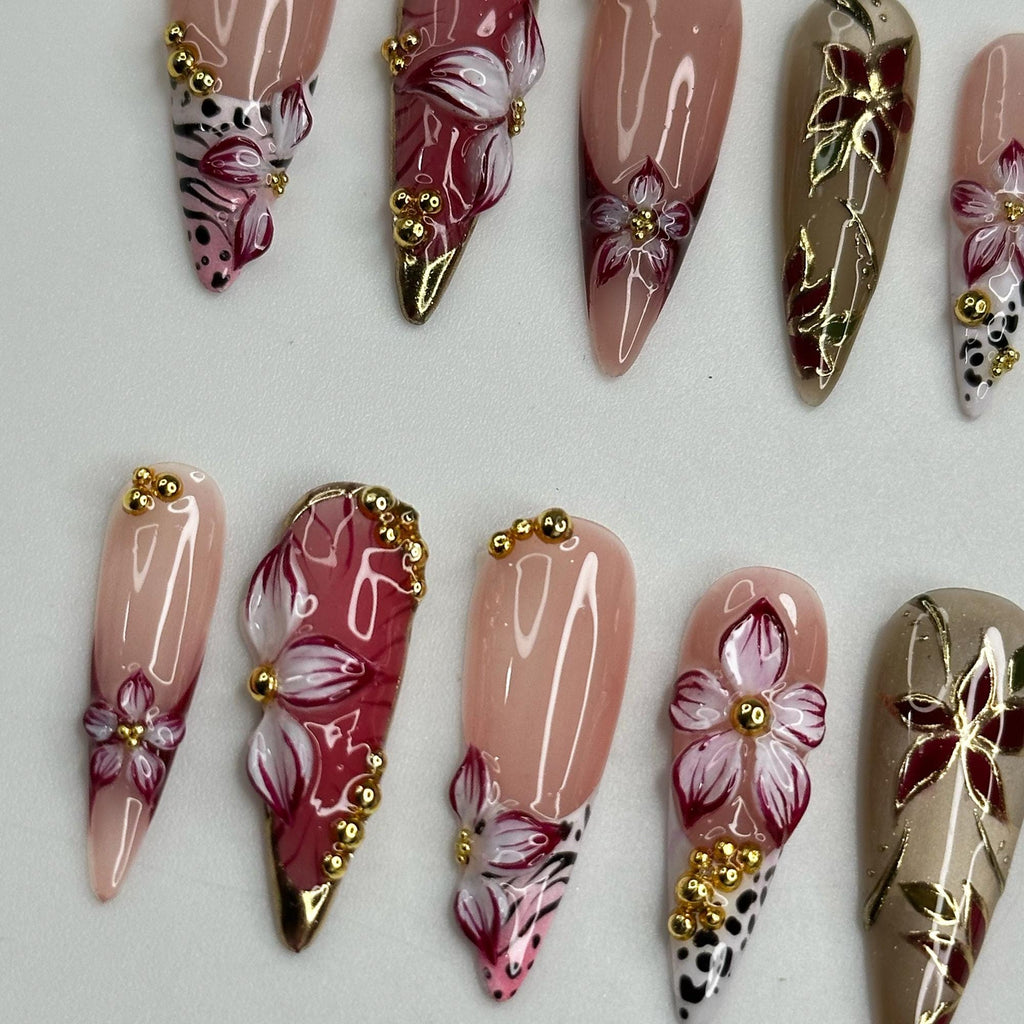 Burgundy Press On Nails Summer | Luxury Gyaru Stiletto Nails | 3D Flower Leopard Print Fake Nails | Dark Coquette Autumn Gift| JB409LK