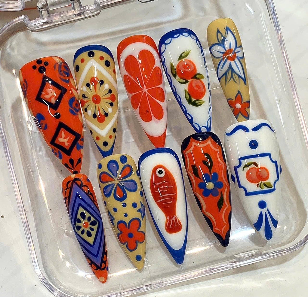 Hand Painted Mediterranean Press On Nails, Retro Fruit Sardine Citrus Set