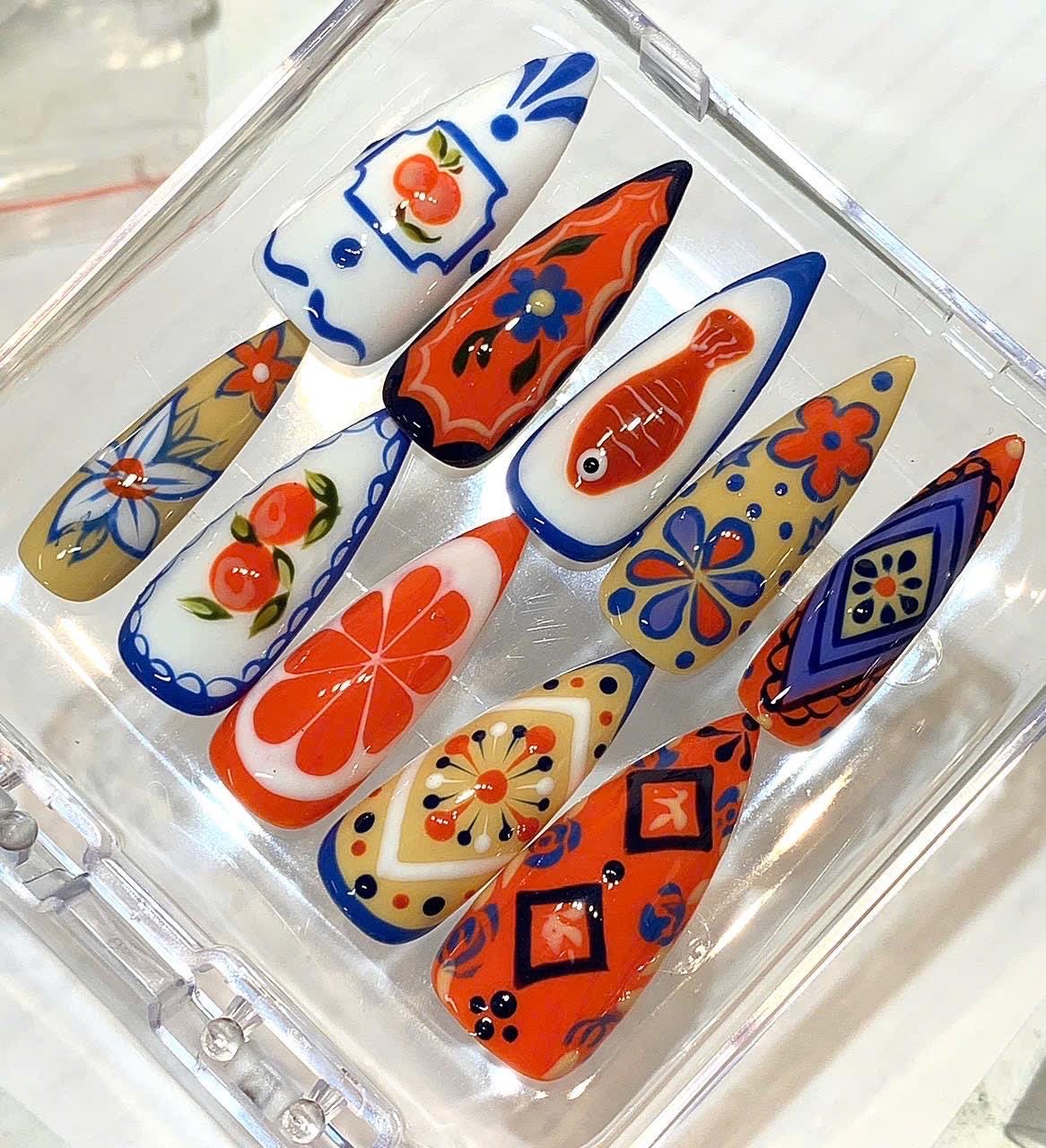 Hand Painted Mediterranean Press On Nails, Retro Fruit Sardine Citrus Set