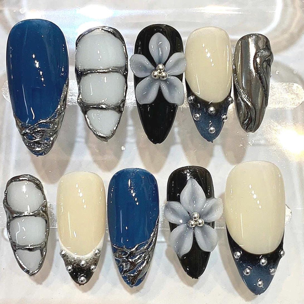 Blue Chrome 3D Flower Nail Set, Modern Silver Swirl French Tips