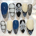 Blue Chrome 3D Flower Nail Set, Modern Silver Swirl French Tips