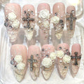 Vintage Cross Press On Nails, 3D Rose Pearl Gothic Coquette Set
