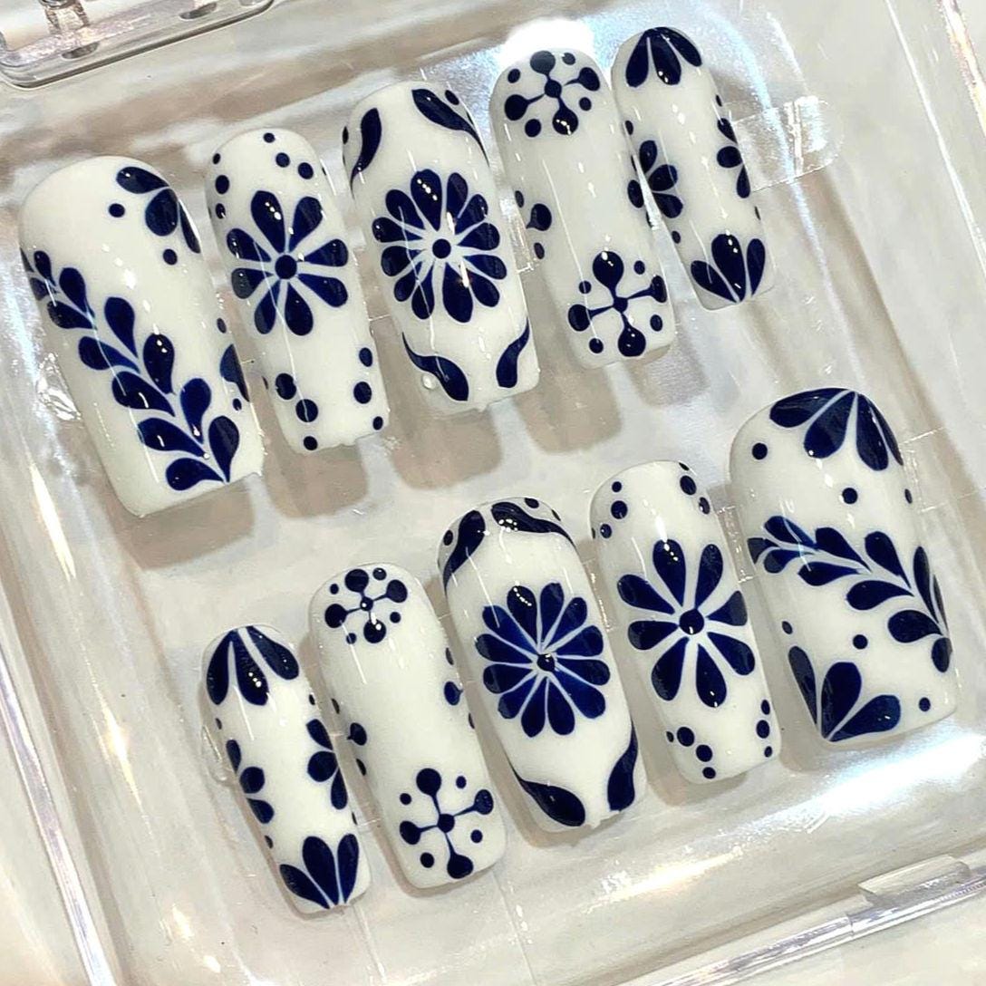 Hand-Painted Blue Floral Press On Nails: Reusable Elegant Nail Art