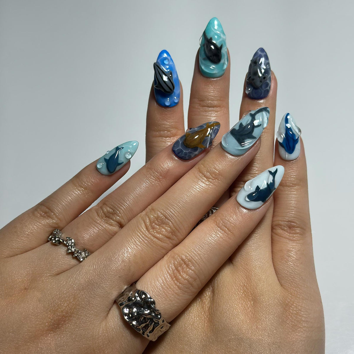 Handmade Shark Press On Nails summer | 3D Great White Shark Nails | Hammerhead Whale Shark | Shark Blue Sea Ocean Nails | JB410LK
