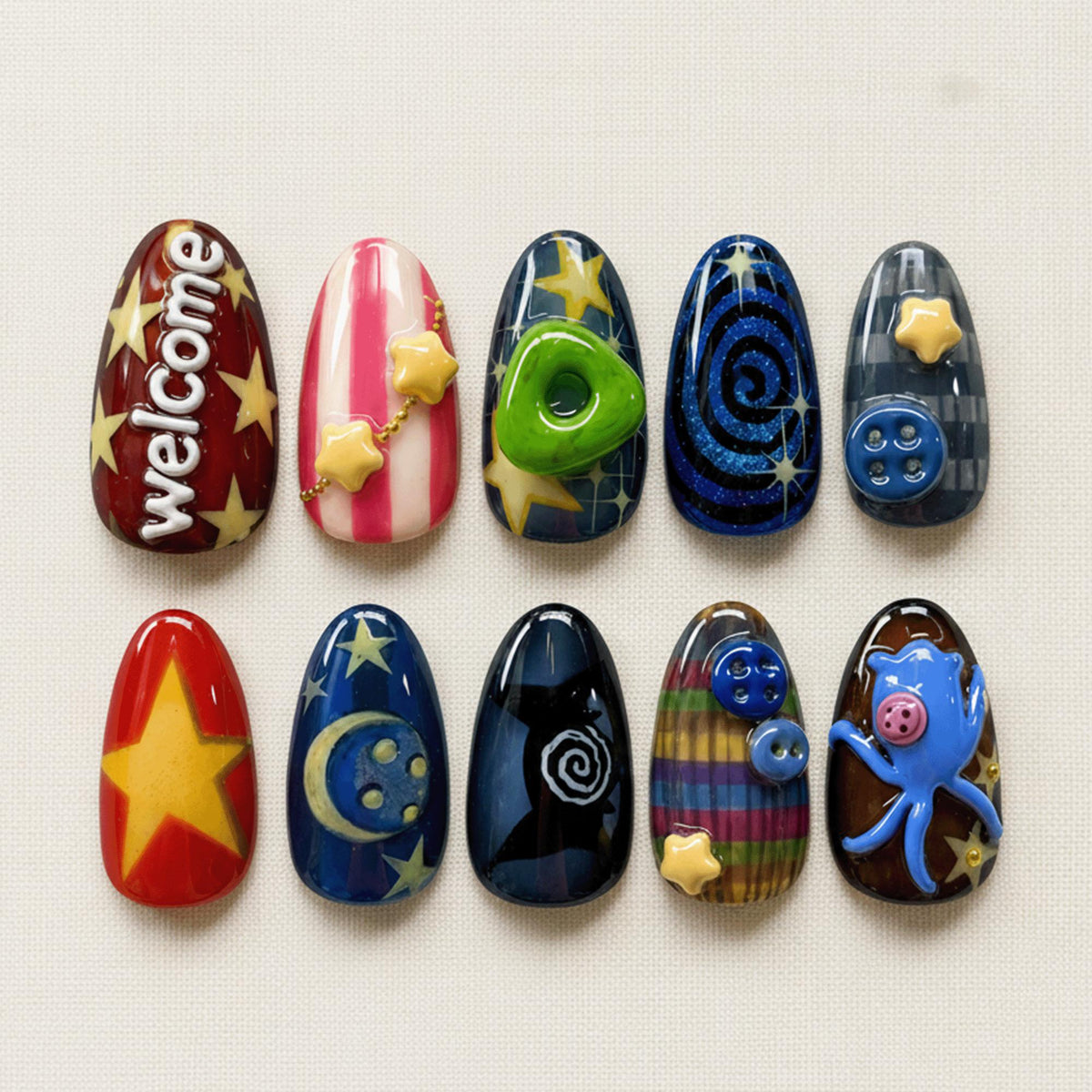 Whimsical Star Press On Nails, Moon Cosmic Nails, Cute Kawaii Handmade Nails, Alternative Art Nails, Reusable Set