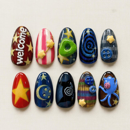 Whimsical Star Press On Nails, Moon Cosmic Nails, Cute Kawaii Handmade Nails, Alternative Art Nails, Reusable Set
