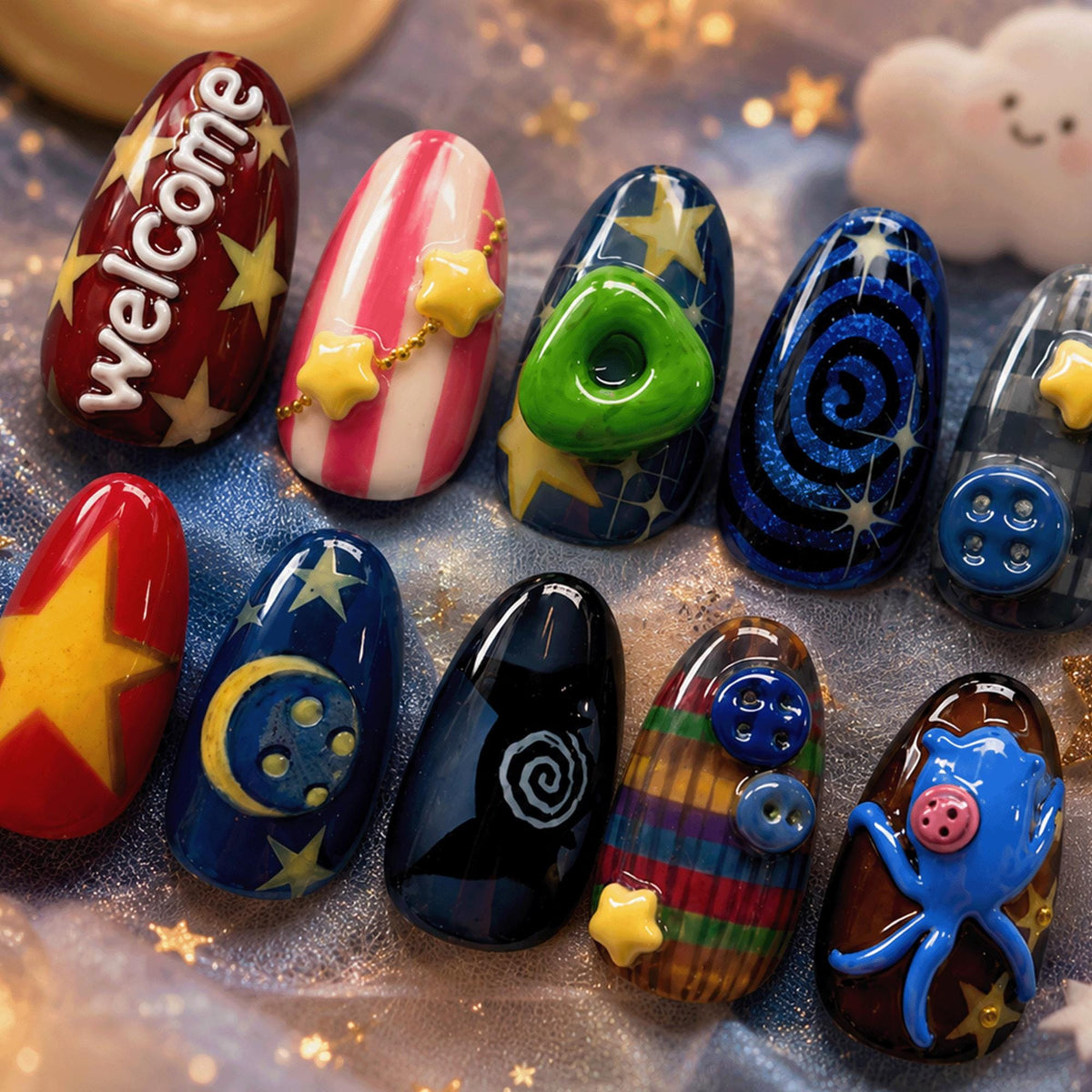 Whimsical Star Press On Nails, Moon Cosmic Nails, Cute Kawaii Handmade Nails, Alternative Art Nails, Reusable Set