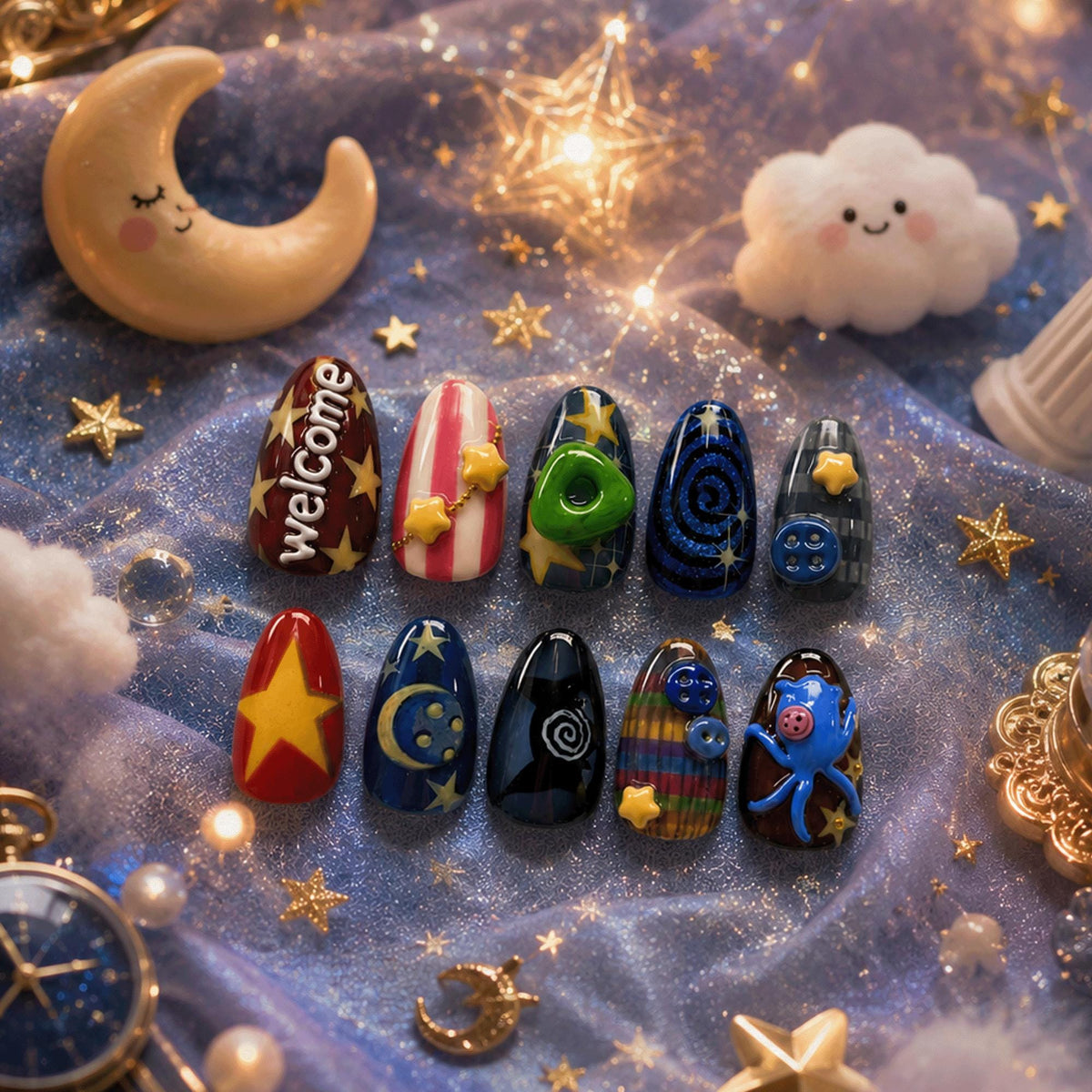 Whimsical Star Press On Nails, Moon Cosmic Nails, Cute Kawaii Handmade Nails, Alternative Art Nails, Reusable Set