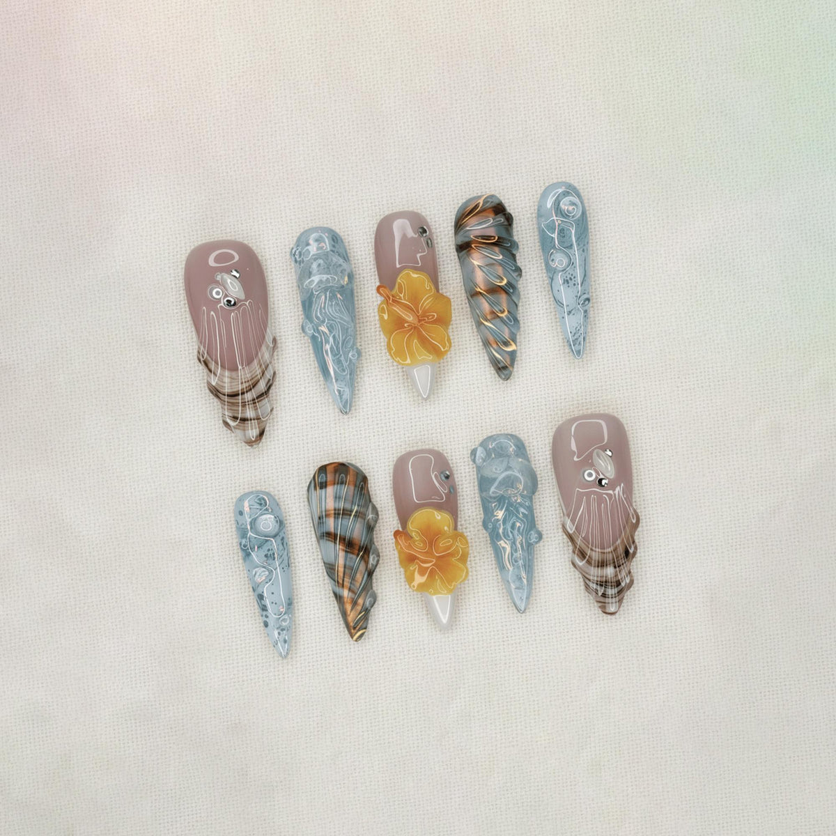 Summer Ocean Press On Nails, Jellyfish Nails, Blue Beach Nails, 3D Hibiscus Flower Nails, Handmade Reusable Nails